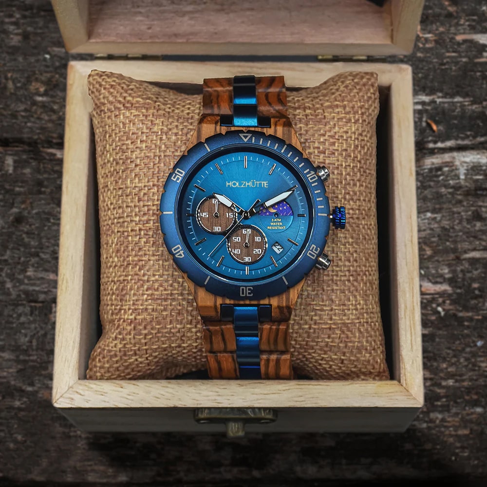 Mailand Holzuhr – Elegante Unisex-Uhr mit blauem Zifferblatt